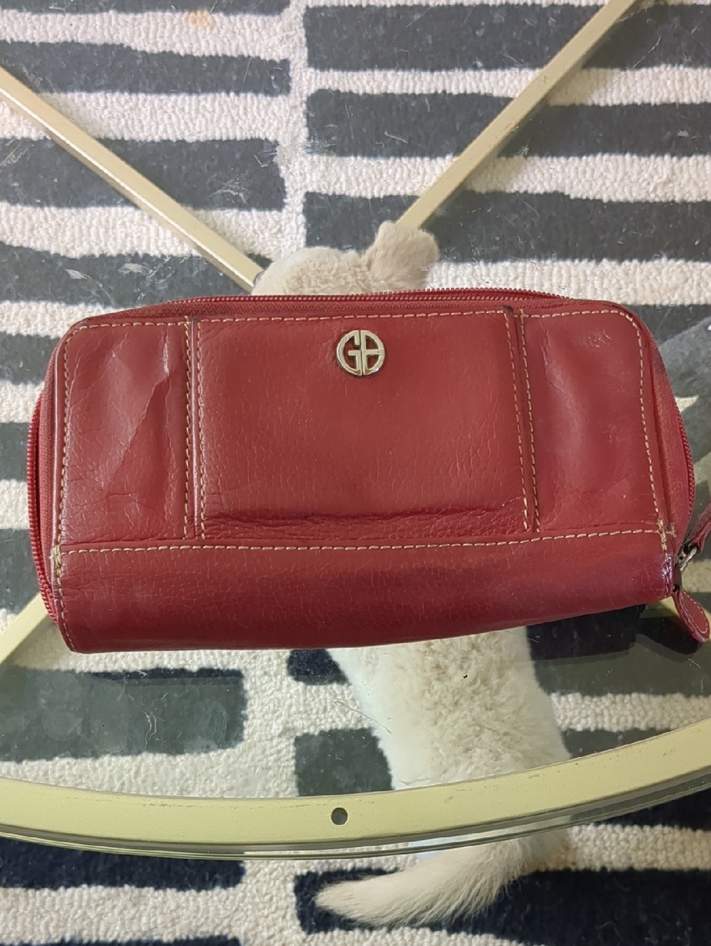 Gianni Bini Deep Red Leather Zip Cosmetic Pouch with Gold Logo